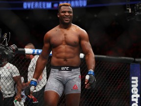 Francis Ngannou of France celebrates his victory over Alistair Overeem of the Netherlands during UFC 218 at Little Ceasars Arena on December 2, 2018