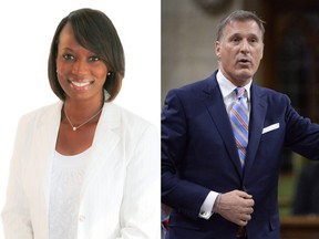 Celina Caesar-Chavannes and Maxime Bernier are seen in a combination shot. (Postmedia File Photo/THE CANADIAN PRESS/Adrian Wyld)