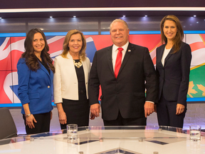 Ontario PC party leadership candidates, left to right, Tanya Granic Allen, Christine Elliott, Doug Ford and Caroline Mulroney following a debate in Toronto on Feb. 15, 2018.