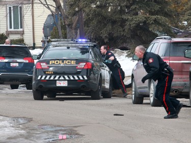 Calgary police respond to a shooting in the northeast community of Abbeydale which injured an officer on Tuesday, March 27, 2018.