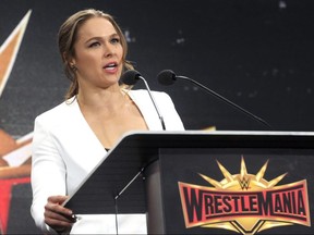 Ronda Rousey speaks at a press conference for WrestleMania 35 in New York City on March 16, 2018.