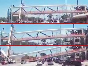 Dashcam video shows a pedestrian bridge collapse.