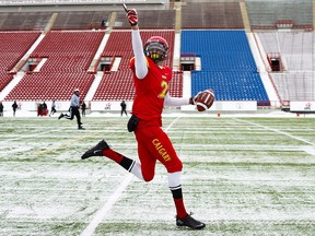 University of Calgary Dinos' Rashaun Simonise celebrates a touchdown during first half CIS Mitchell Bowl football action in Calgary in a Nov. 16, 2013, file photo. THE CANADIAN PRESS/Jeff McIntosh, File