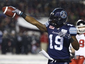 The Toronto Argonauts took on the Calgary Stampeders during the 105th Grey Cup at Lansdowne Park in Ottawa Sunday Nov 26, 2017. Argos S.J. Green gets a first down Sunday.