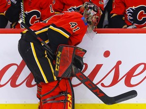 Calgary Flames goaltender Mike Smith gives up 6 goals to the San Jose Sharks during NHL hockey at the Scotiabank Saddledome in Calgary on Friday, March 16, 2018.