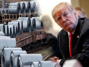 Coils are stored on trains in front of the ThyssenKrupp steel mill on March 5, 2018 in Duisburg, Germany and President Donald Trump listens during a meeting with steel and aluminum executives in the Cabinet Room of the White House, Thursday, March 1, 2018, in Washington.