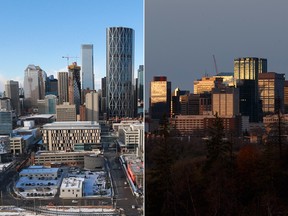 Composite image of downtown Calgary and downtown Edmonton from photos taken in winter 2017-18.