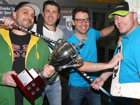 From left, Alex Halat, Ryan Knievel, Scott Logan and Dan Pilling pose as they get set to start the 24th Annual Oilympics Hockey Tournament (Oilympics) on March 12, 2017.