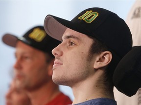 Ryan Straschnitzki, a member of the Humboldt Broncos hockey team and his parents speak with members of the media at Foothills Hospital in Calgary on Wednesday April 25, 2018.