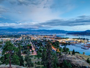 DIRECTINPUT~  This image has been directly inputted by the user. The photo desk has not viewed this image or cleared rights to the image. Aerial View of Kelowna, British Columbia, just after sunset on Knox Mountain, Canada.