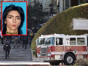 Law enforcement officials walk toward YouTube offices in San Bruno, Calif., Tuesday, April 3, 2018. (AP Photo/Jeff Chiu) with This undated photo provided by the San Bruno Police Department shows Nasim Aghdam. Law enforcement officials have identified Aghdam as the person who opened fire with a handgun, wounding several people before fatally shooting herself.(Courtesy of San Bruno Police Department via AP)