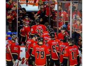 Calgary Flames end the season with a 7-1 victory over the Vegas Golden Knights in NHL hockey at the Scotiabank Saddledome in Calgary on Saturday, April 7, 2018. Al Charest/Postmedia