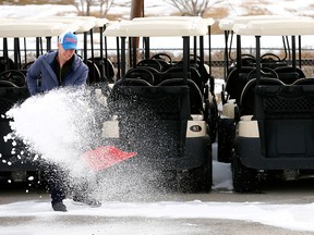 Greg Griffith, Head Pro at Fox Hollow Golf Course in Calgary can't wait until the snow is gone to get some golf in this spring on Monday April 2, 2018. Darren Makowichuk/Postmedia