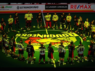The Calgary Roughnecks and Buffalo Bandits honoured the Humboldt Broncos with a moment of silence before their National Lacrosse League game in Calgary on Saturday April 14, 2018.
