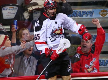 The Calgary Roughnecks' Mitch Wilde celebrates a goal on the Buffalo Bandits during a National Lacrosse League game in Calgary on Saturday April 14, 2018.