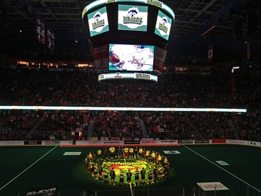 The Calgary Roughnecks and Buffalo Bandits honoured the Humboldt Broncos with a moment of silence before their National Lacrosse League game in Calgary on Saturday April 14, 2018.