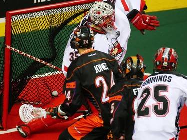 This Buffalo Bandits shot gets past Calgary Roughnecks goaltender Christian Del Bianco during a National Lacrosse League game in Calgary on Saturday April 14, 2018.