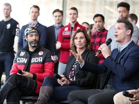 Olympians including from left; Brian McKeever, Catrina Le May Doan and Mark Tewksbury spoke in support of continuing the process for a possible Calgary winter Olympic bid during a press conference at WinSport in Calgary on Friday April 13, 2018. Gavin Young/Postmedia