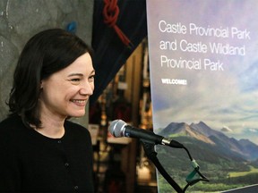 Shannon Phillips, Minister of Environment and Parks announces Alberta Parks will build a new backcountry hut to be operated by the Alpine Club of Canada in the Castle Wildland Provincial Park. The announcement was made at the Mountain Equipment Coop store in Calgary on Monday April 16, 2018.  Gavin Young/Postmedia