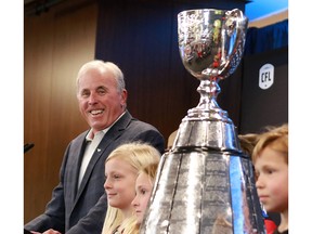 Calgary Stampeders GM John Hufnagel smiles as he talks about Calgary being the host city for the 2019 Grey Cup during at event at the Shaw Building in downtown Calgary on Wednesday April 25, 2018.