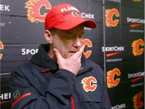 Calgary Flames coach Glen Gulatzan talks to media in the  in Calgary on Saturday, April 7, 2018 before the team's last home game.