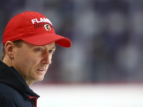 Calgary Flames coach Glen Gulutzan is shown at practice in Calgary on Saturday, April 7, 2018 before the team plays its last home game of the season. Jim Wells/Postmedia