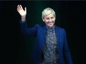 Ellen DeGeneres greets the crowd in Calgary at the Saddledome on Saturday, April 21, 2018. Jim Wells/Postmedia