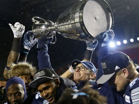 The Toronto Argonauts took on the Calgary Stampeders during the 105th Grey Cup at Lansdowne Park in Ottawa Sunday Nov 26, 2017. Argos coach Marc Trestman celebrates after winning the 105th Grey Cup. Tony Caldwell