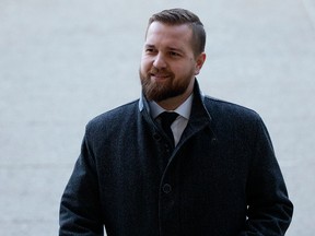 Derek Fildebrandt arrives at the law courts in Edmonton Monday Dec. 18, 2017. A former neighbour has accused Fildebrandt of a hit-and-run that damaged her van in June 2016. Photo by David Bloom