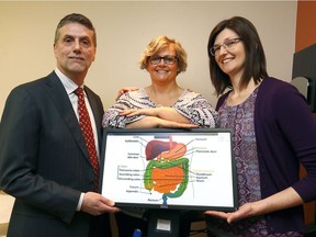L-R, Dr. Mark Swain, section head, Gastroenterology and Hepatology, AHS Calgary Zone, Hayley Clarke, patient, and Dr. Jessica Orr, family physician celebrate how an innovative program is helping gastrointestinal patients access care more quickly at the Riley Park Primary Care Centre in Calgary on Thursday April 26, 2018. Darren Makowichuk/Postmedia