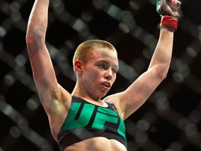 Women’s Strawweight fighter Rose Namajunas celebrates her win over Paige VanZant at a UFC Fight Night in Las Vegas on Dec. 10, 2015