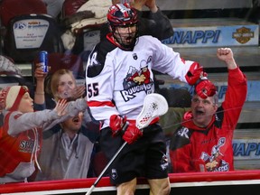 The Calgary Roughnecks' Mitch Wilde celebrates a goal on the Buffalo Bandits during a National Lacrosse League game in Calgary on Saturday April 14, 2018