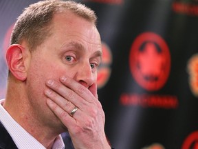 Calgary Flames General Manager Brad Treliving speaks during a press conference in Calgary on Tuesday, April 17, 2018. The Calgary Flames have announced today that they have relieved head coach Glen Gulutzan and assistant coaches Dave Cameron and Paul Jerrard of their coaching duties. Jim Wells/Postmedia