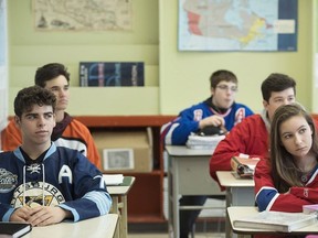 In this file photo, John Rennie High School students wear jersey's diring class in Montreal, Thursday, April, 12, 2018, in honour of the victims who died in the Humboldt bus crash.