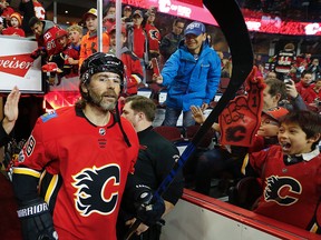 Jaromir Jagr steps onto the ice at the Saddledome on Oct. 13, 2017.