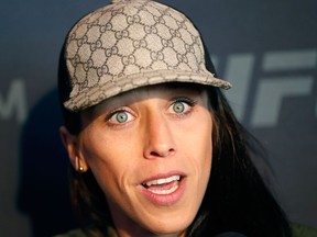 Joanna Jedrzejczyk speaks to reporters in Brooklyn on April 5, 2018