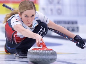 Kaitlyn Lawes throws a rock during the Humpty's Champions Cup at WinSport Arena.