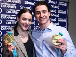 Olympic champions Tessa Virtue and Scott Moir pose after speaking to media in Calgary on Friday, April 20, 2018.