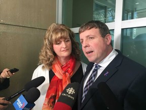 Shauna and Jason Caldwell address the media Monday during a break in the fatality inquiry into their sons’ deaths. Photo by Kevin Martin, Postmedia Network