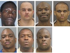 These undated photos provided by the South Carolina Department of Corrections shows, from top row from left, Corey Scott, Eddie Casey Gaskins, Raymond Angelo Scott and Damonte Rivera; bottom row from left, Michael Milledge, Cornelius McClary and Joshua Jenkins. The seven inmates were killed, and at least 17 prisoners wounded, in a riot at the Lee Correctional Institution on early Monday, April 16, 2018, in Bishopville, S.C. (South Carolina Department of Corrections via AP)