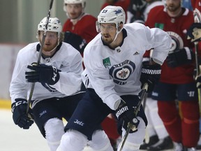 Mark Scheifele carries the puck during Jets practice at Bell MTS Iceplex in Winnipeg on Tuesday. (Kevin King/Winnipeg Sun)