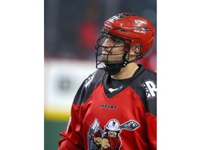Roughnecks Holden Cattoni during warm up before National Lacross League game action between the Vancouver Stealth and the Calgary Roughnecks at the Scotiabank Saddledome in Calgary, Alta. on Friday January 6, 2017. Jim Wells/ Postmedia