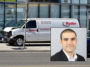 This van mounted a sidewalk crashing into a number of pedestrians in Toronto on Monday, April 23, 2018. Inset: Alek Minassian has been charged with 10 counts of first-degree murder.