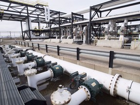 Pipes are seen at the Kinder Morgan Trans Mountain facility in Edmonton, Alta., Thursday, April 6, 2017. Several First Nations, municipalities and environmental groups that are opposed to the approval process of the Trans Mountain pipeline expansion in British Columbia will be arguing their position in the Federal Court of Appeal over the next two weeks.THE CANADIAN PRESS/Jonathan Hayward ORG XMIT: CPT101