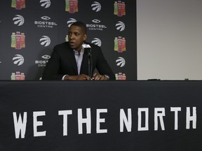Toronto Raptors president Masai Ujiri speaks about the dismissal of coach Dwane Casey at the BioSteel Centre on Friday. (JACK BOLAND/Toronto Sun)