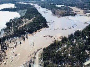 Recent downpours in many parts of British Columbia's southern Interior have added to flooding woes across the already soggy region, prompting new flood warnings for several rivers, forcing more evacuations and closing a number of roads. Flooding in the Nazko area of the Cariboo Regional District is seen from a helicopter on April 28.
