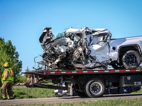 The wreckage of a pickup truck that collided with a semi-truck on Highway 22X early Tuesday morning, May 22.