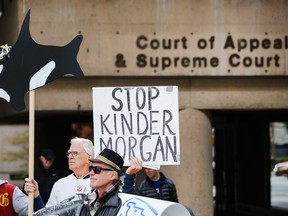 Protestors against Kinder Morgan's Trans Mountain pipeline demonstrate outside of the British Columbia Supreme Court, in Vancouver, British Columbia, Canada, April 18, 2018.