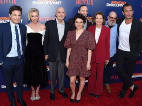 (L-R) Cast members Jason Bateman, Portia de Rossi, Jeffrey Tambor, Alia Shawkat, Tony Hale, Jessica Walter, David Cross and Will Arnett attend the Netflix Arrested Development Season 5 Premiere in Los Angeles, on May 17, 2018.