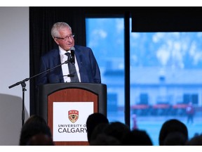 Life-long friend and business partner Bob Brawn speaks about Frank King during a celebration of life at the Red & White Club at McMahon Stadium on Thursday, May 17, 2018. Gavin Young/Postmedia